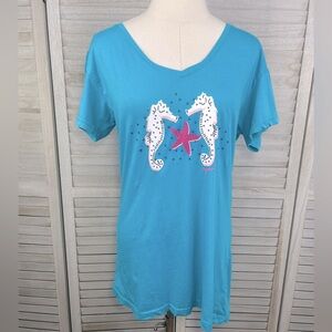 CUFFY'S OF CAPE COD V Neck Tee 100% Cotton Seahorse Design Teal Blue-XL